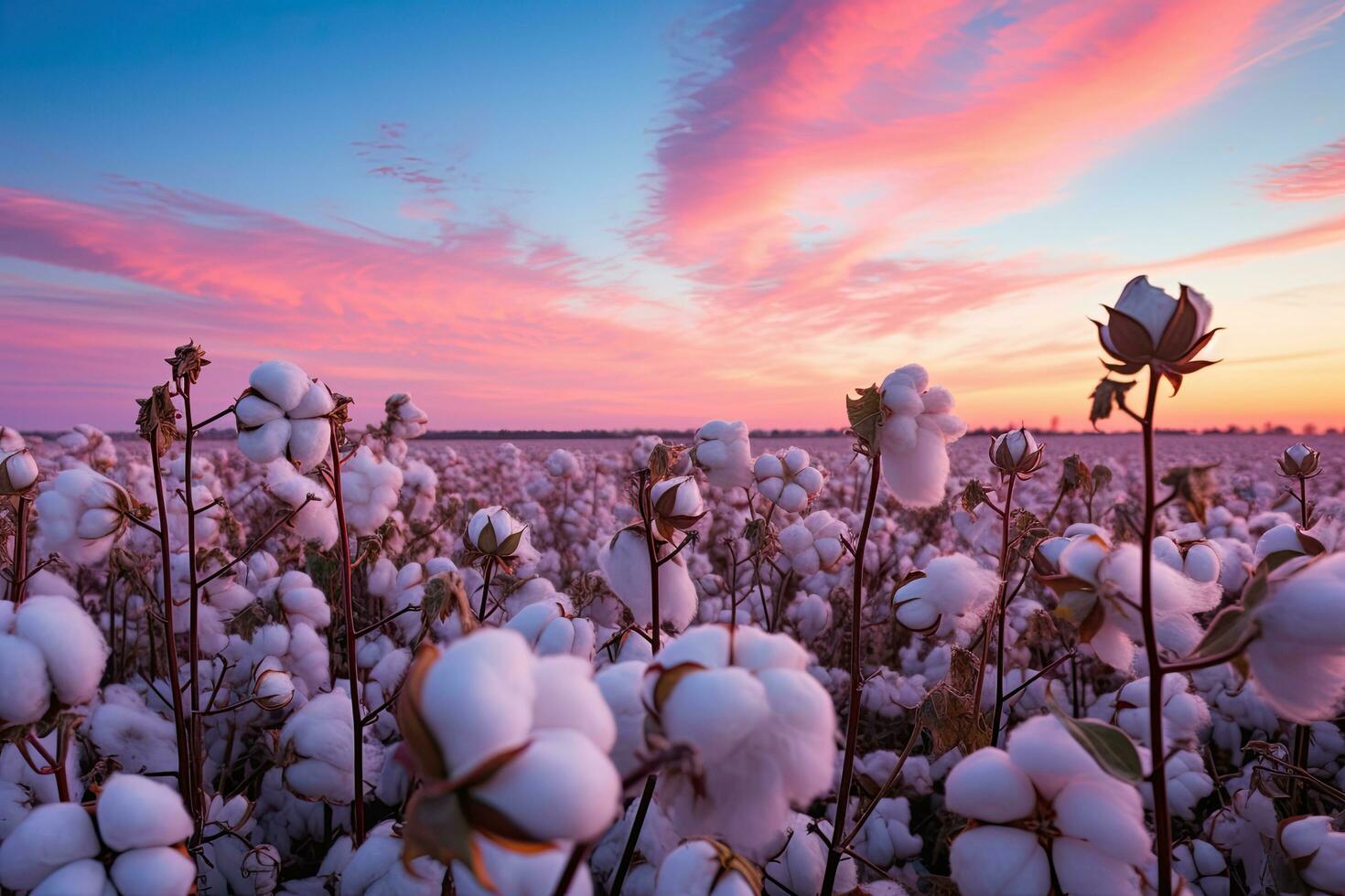 AI generated Cotton field at sunset. Beautiful natural landscape with cotton flowers, AI Generated photo