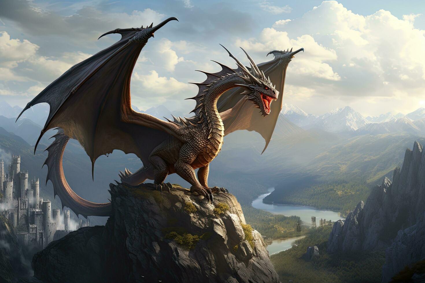 AI generated dragon on the rock in the mountains. 3d render illustration, AI Generated photo