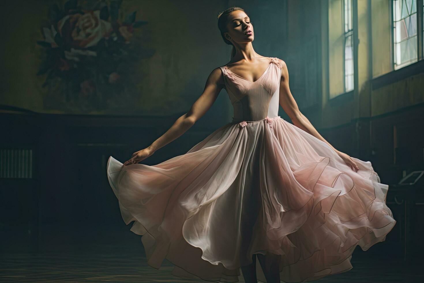 AI generated Beautiful ballerina in a white tutu posing in a dark room, AI Generated photo