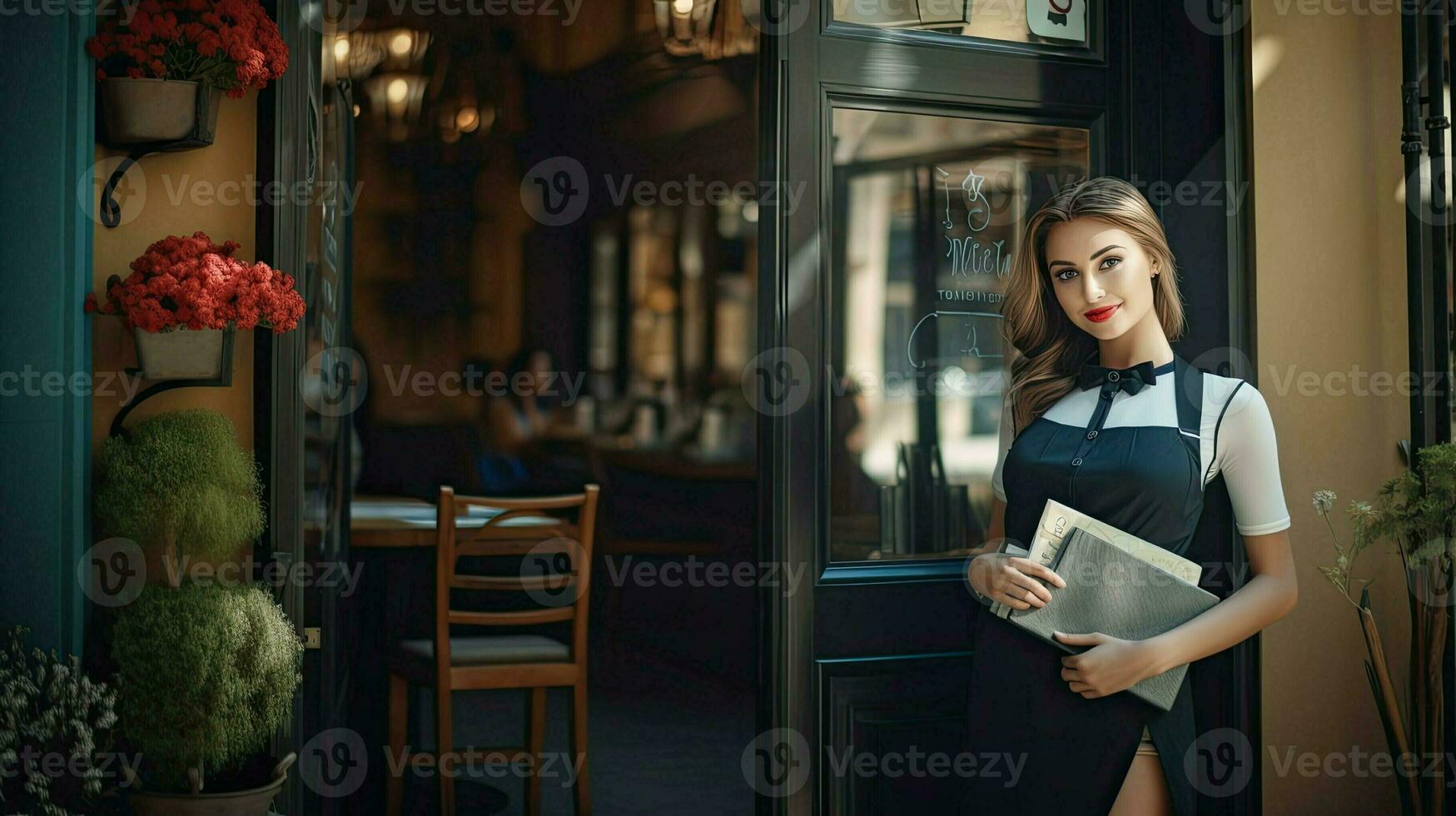 ai generado bonito anfitriona niña en pie cerca Entrada a pequeño europeo estilo cafetería. recepción de invitados en restaurante. bonito joven hembra mesero. ai generado foto