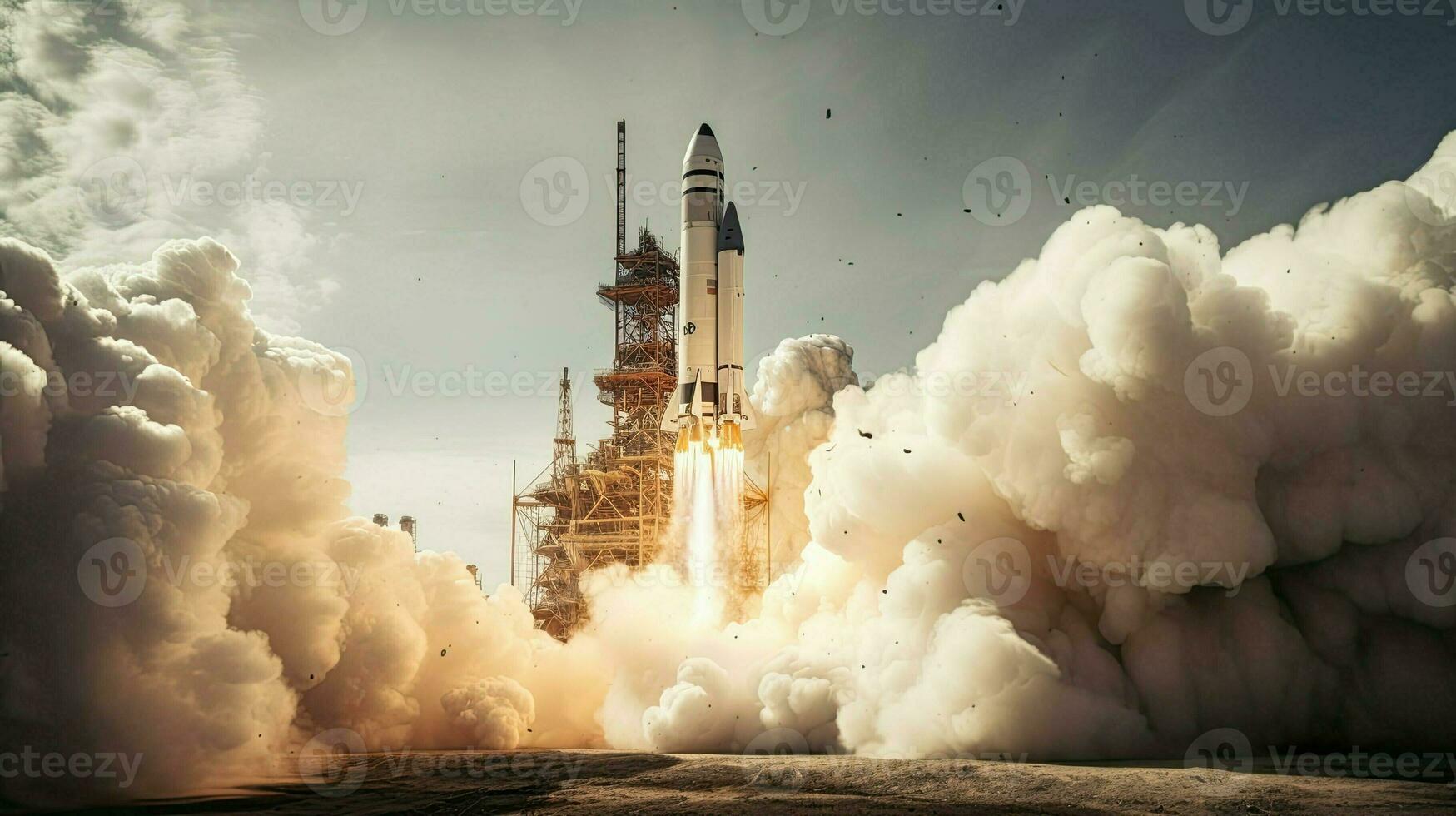 AI generated Take-off of space rocket at test site. Cosmodrome and launch of the spacecraft. Science and technology. photo