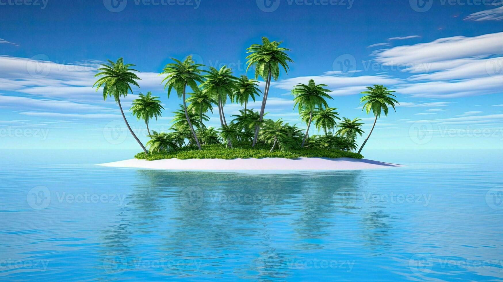 AI generated Tropical island in middle of ocean. Palm trees and trees on sandy beach in sea. Summer Paradise Bay, photo