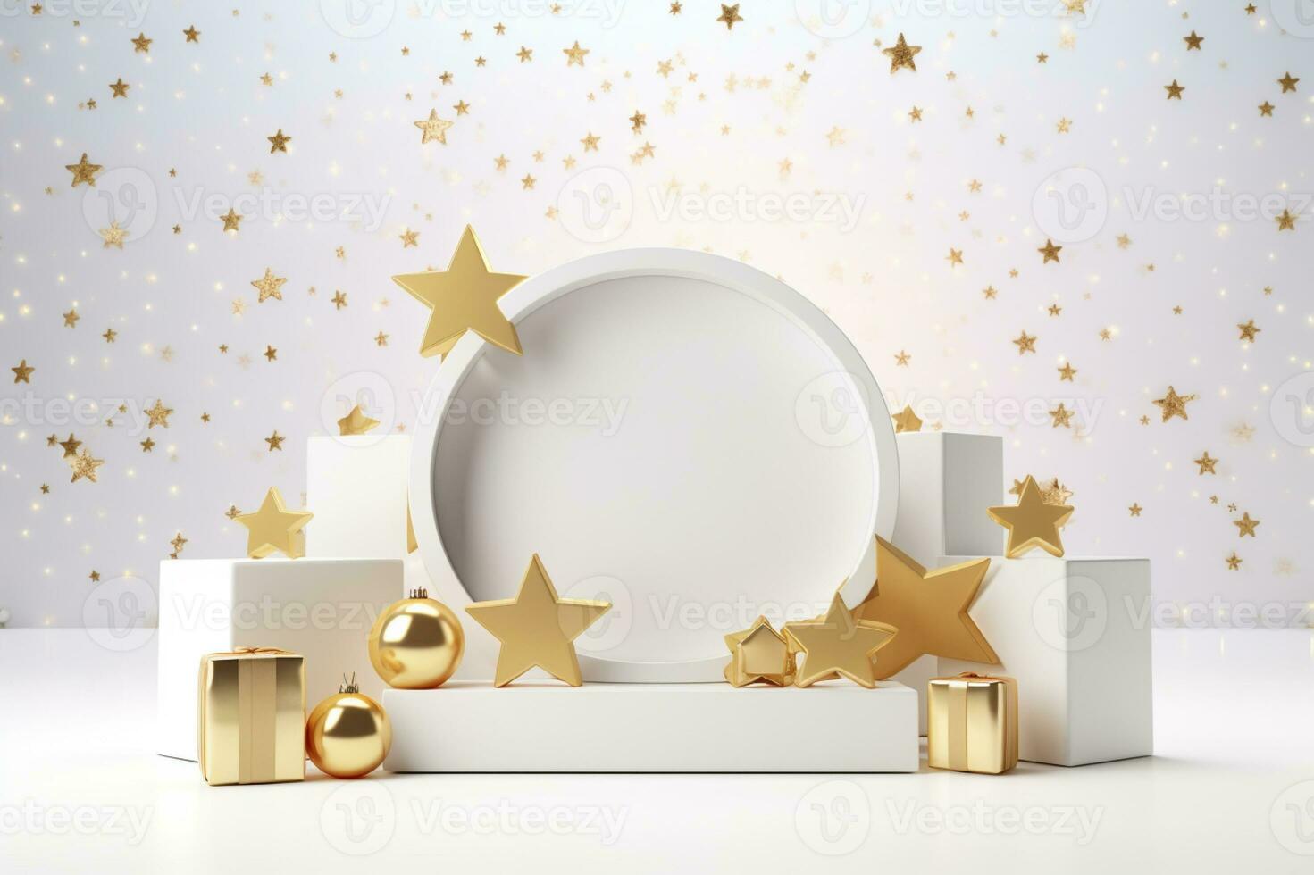 AI generated 3d rendered white and snowy Podium display for merry Christmas event photo