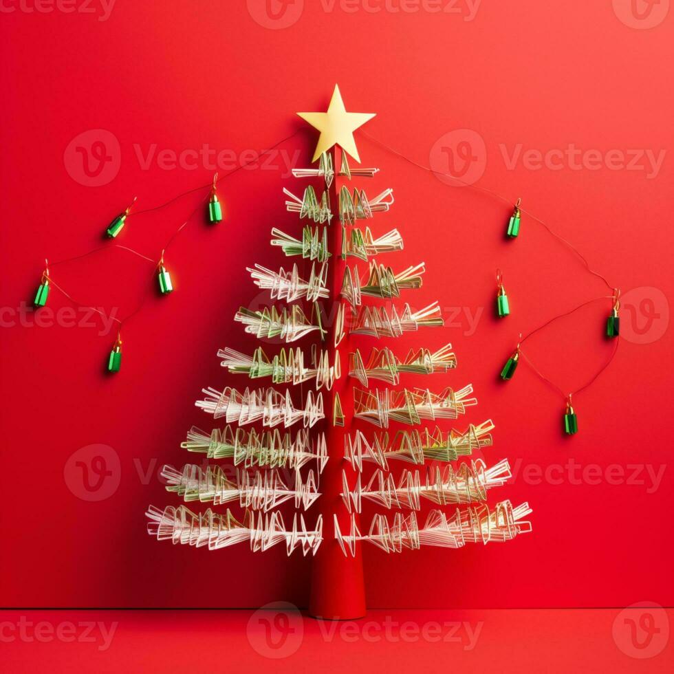 AI generated Red Christmas tree made up with paper clip and wire bokeh blurred background copy space photo