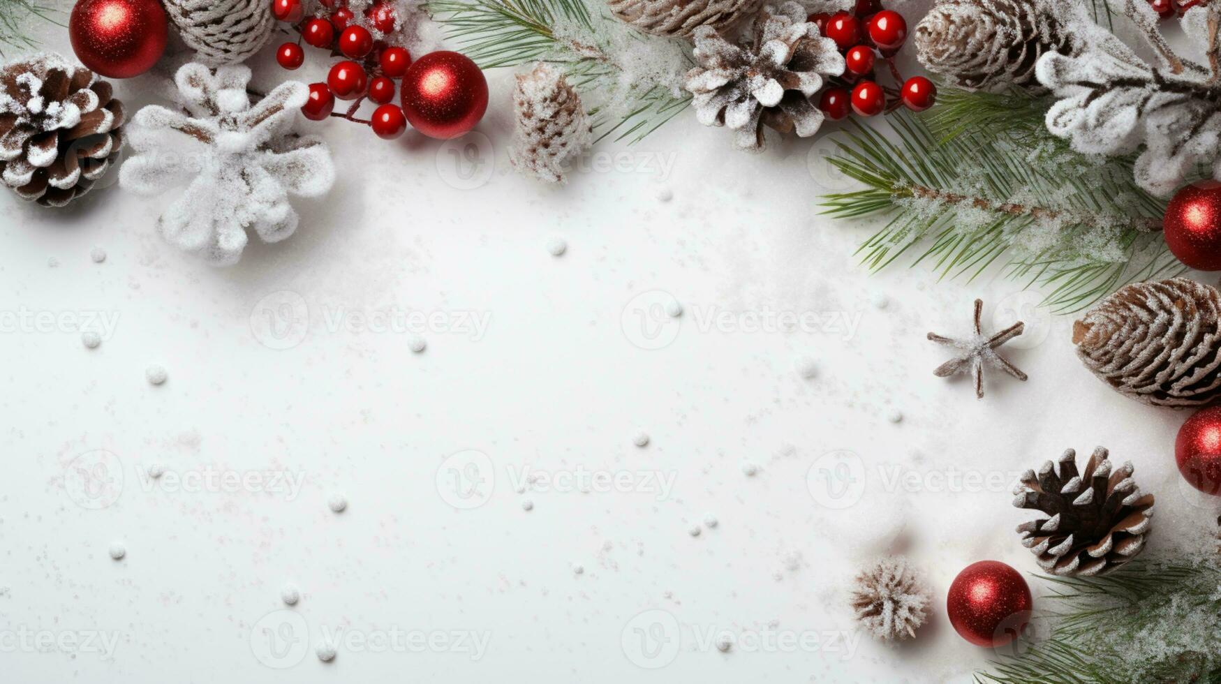 AI generated Christmas composition of fir tree branches with baubles and gifts on white background photo