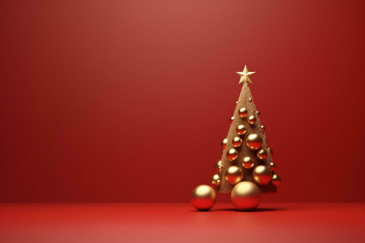 AI generated Red Decorated Christmas tree with gift and copy space red isolated background photo