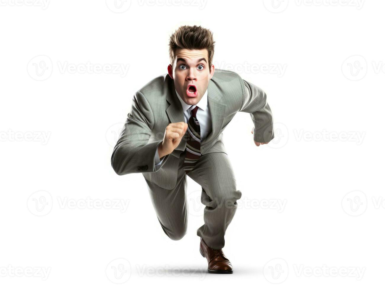 AI generated A driven businessman in a gray suit races forward, epitomizing determination and corporate ambition. photo