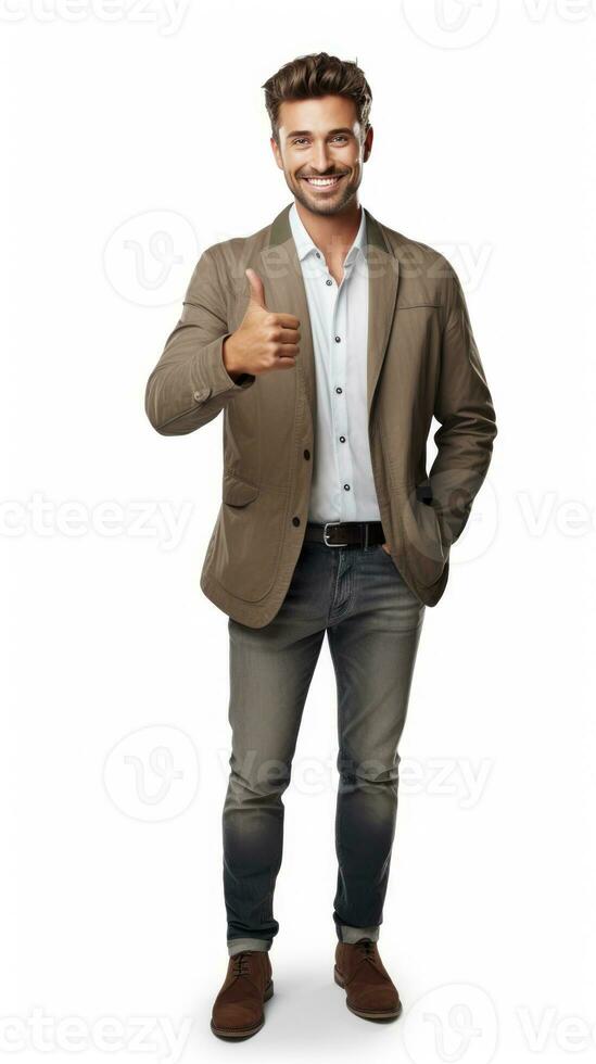 AI generated Confident man giving a thumbs-up, dressed in a smart casual brown blazer and jeans, with a friendly, approachable smile. photo