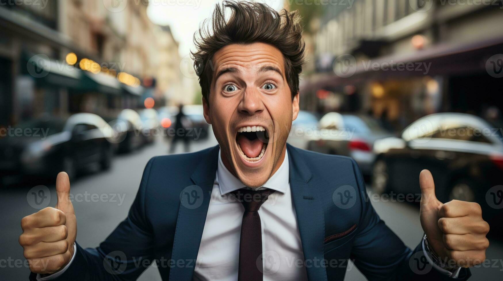 AI generated Exuberant businessman celebrating victory, with a wide-open mouth and clenched fists, conveying intense joy and success. photo