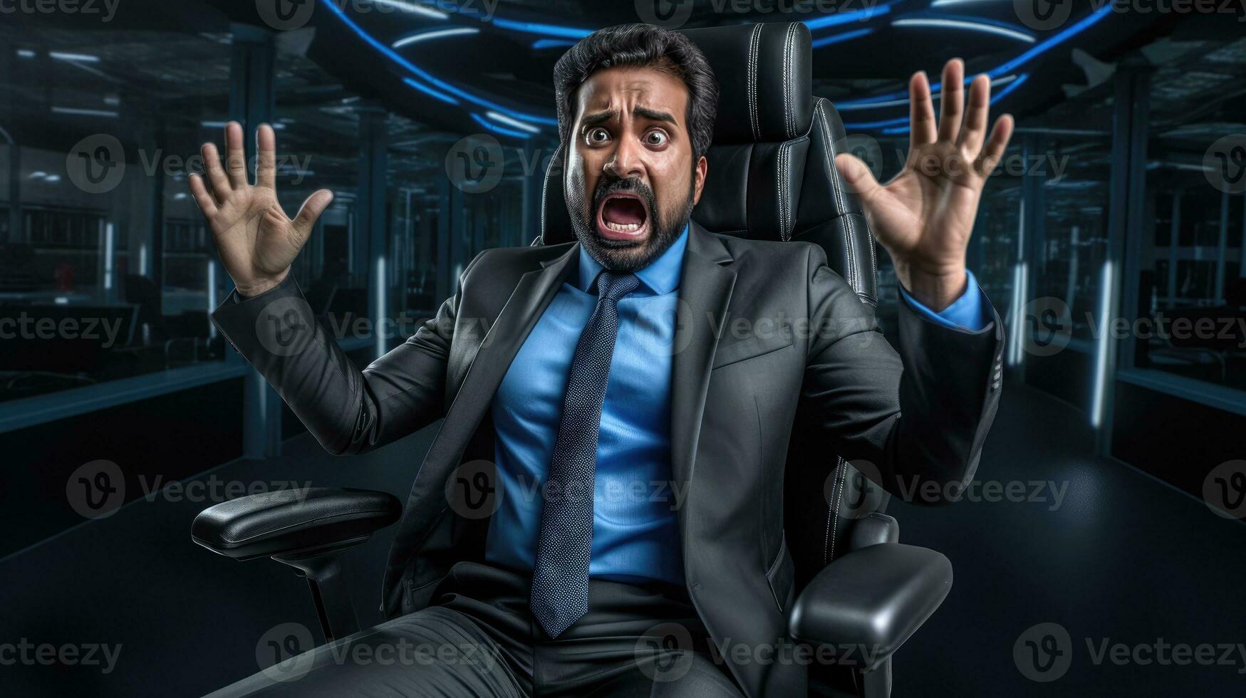 AI generated Terrified businessman in a high-tech office, a concept for cybersecurity or market shock. photo