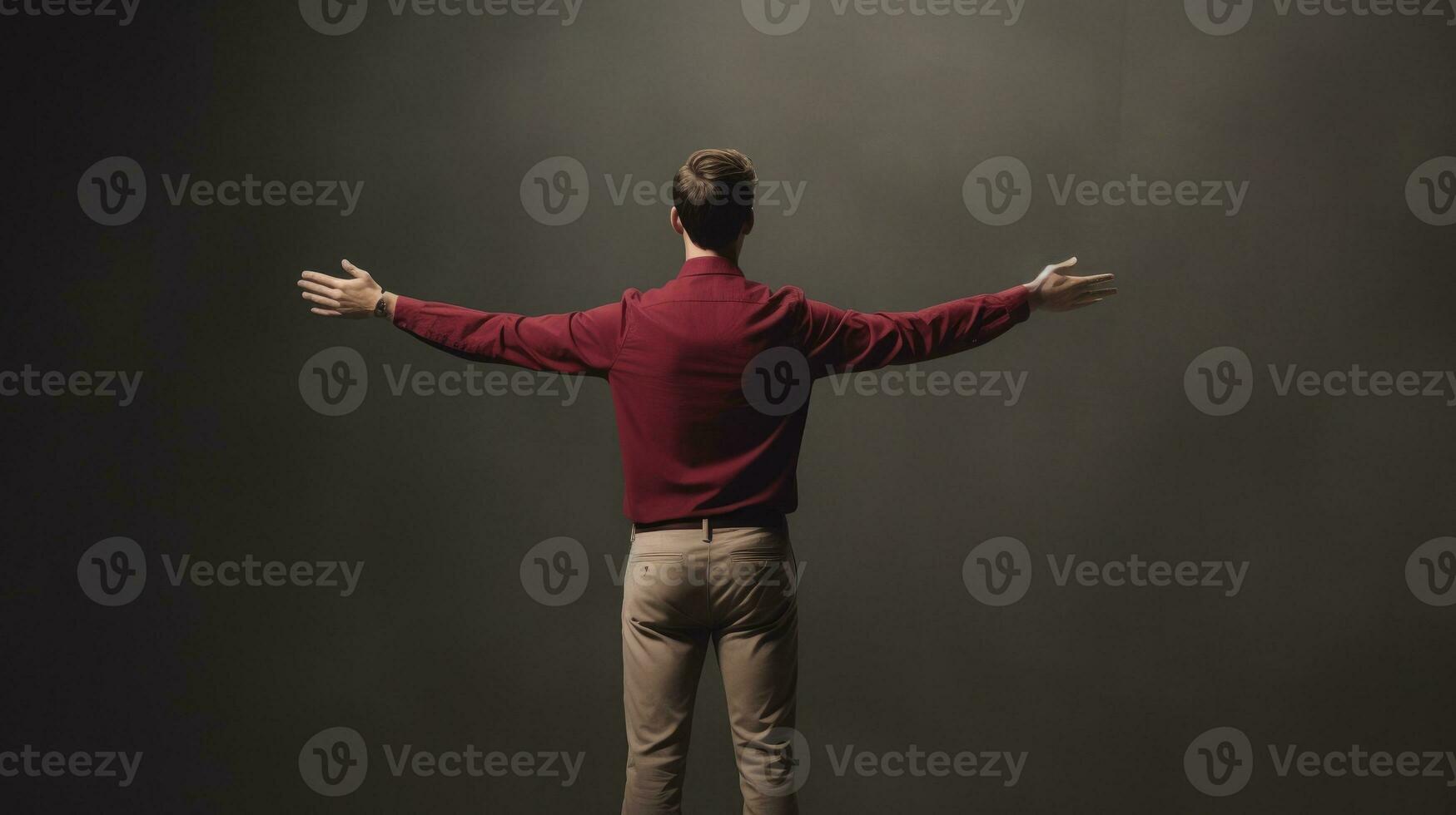 AI generated Man with arms spread wide, embracing the spotlight on stage, symbolizing victory, performance, or revelation. photo