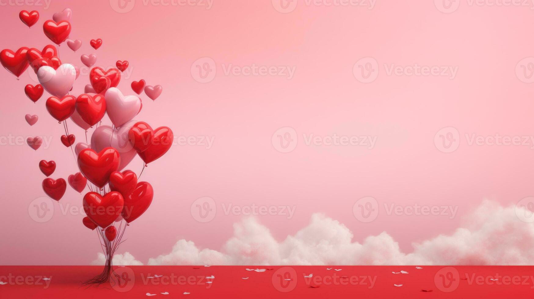 AI generated Delicate heart-shaped balloons and flowers emerge from a vase, on a soft pink backdrop, an ideal image for love-themed events and gentle expressions of affection. photo