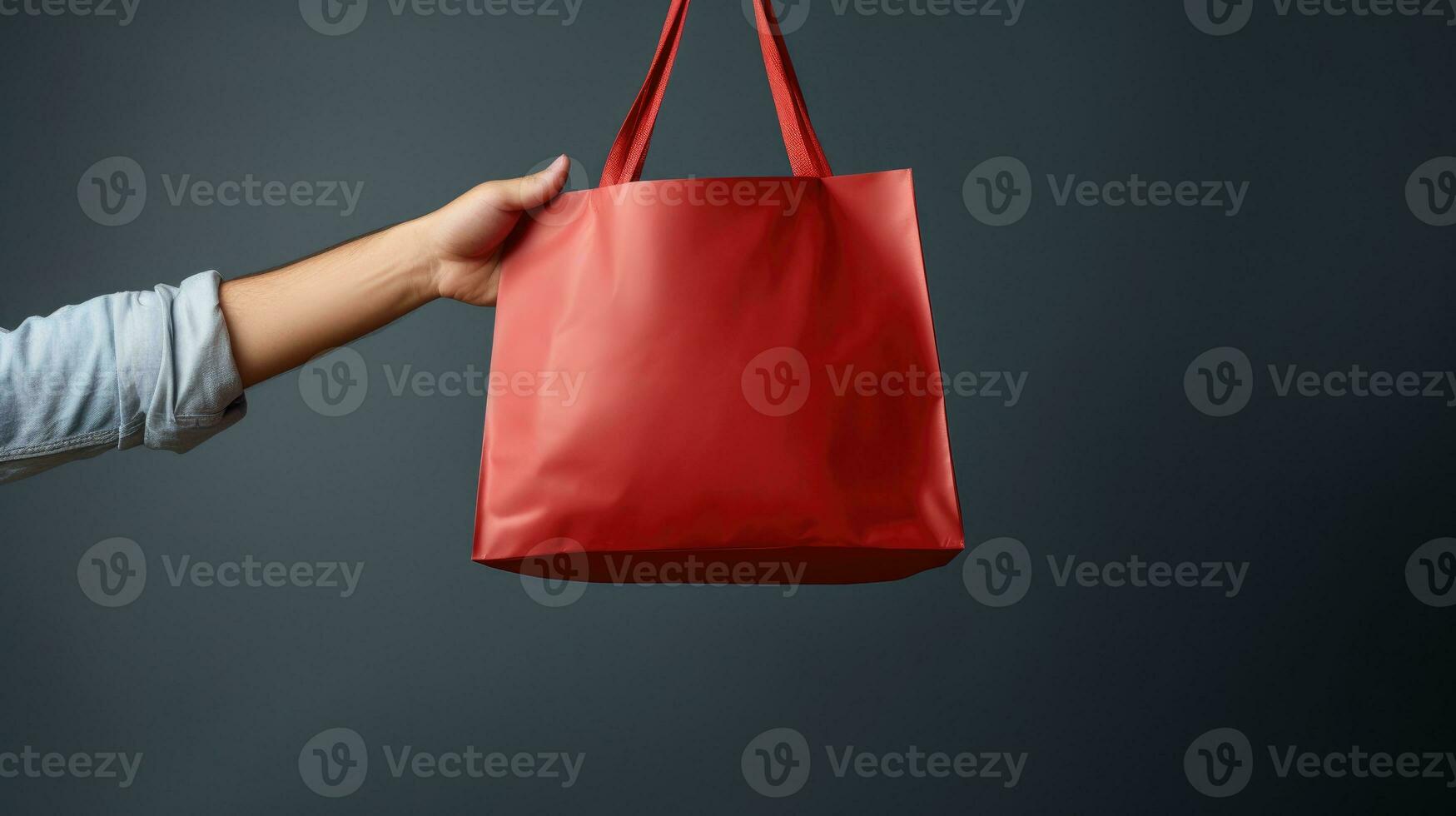 AI generated Glossy red shopping bag held by a person against a neutral background, highlighting a simplistic yet elegant design perfect for retail and fashion themes. photo