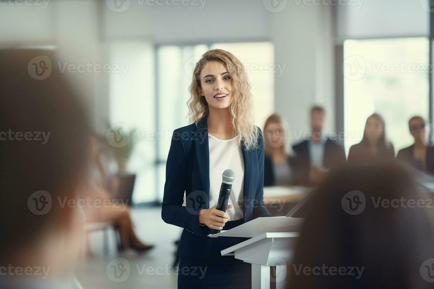 AI generated Female speaker giving a talk on corporate business conference. Unrecognizable people in audience at conference hall. Business and Entrepreneurship event photo