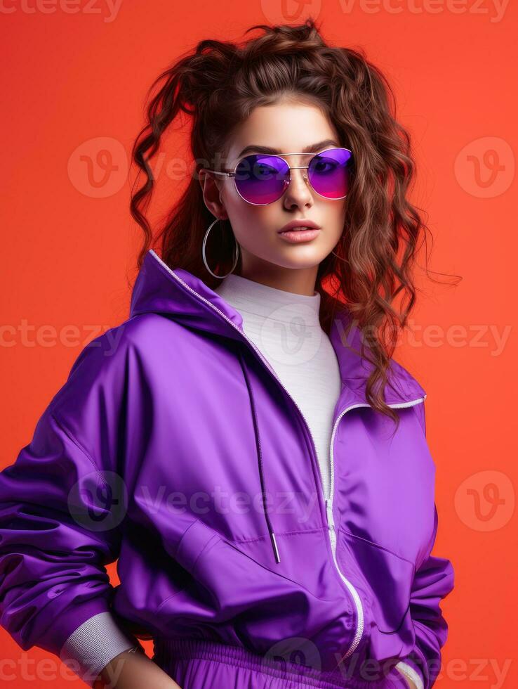AI generated Style woman in glasses and an 80s neon color tracksuit with headphones on the violet wall. photo