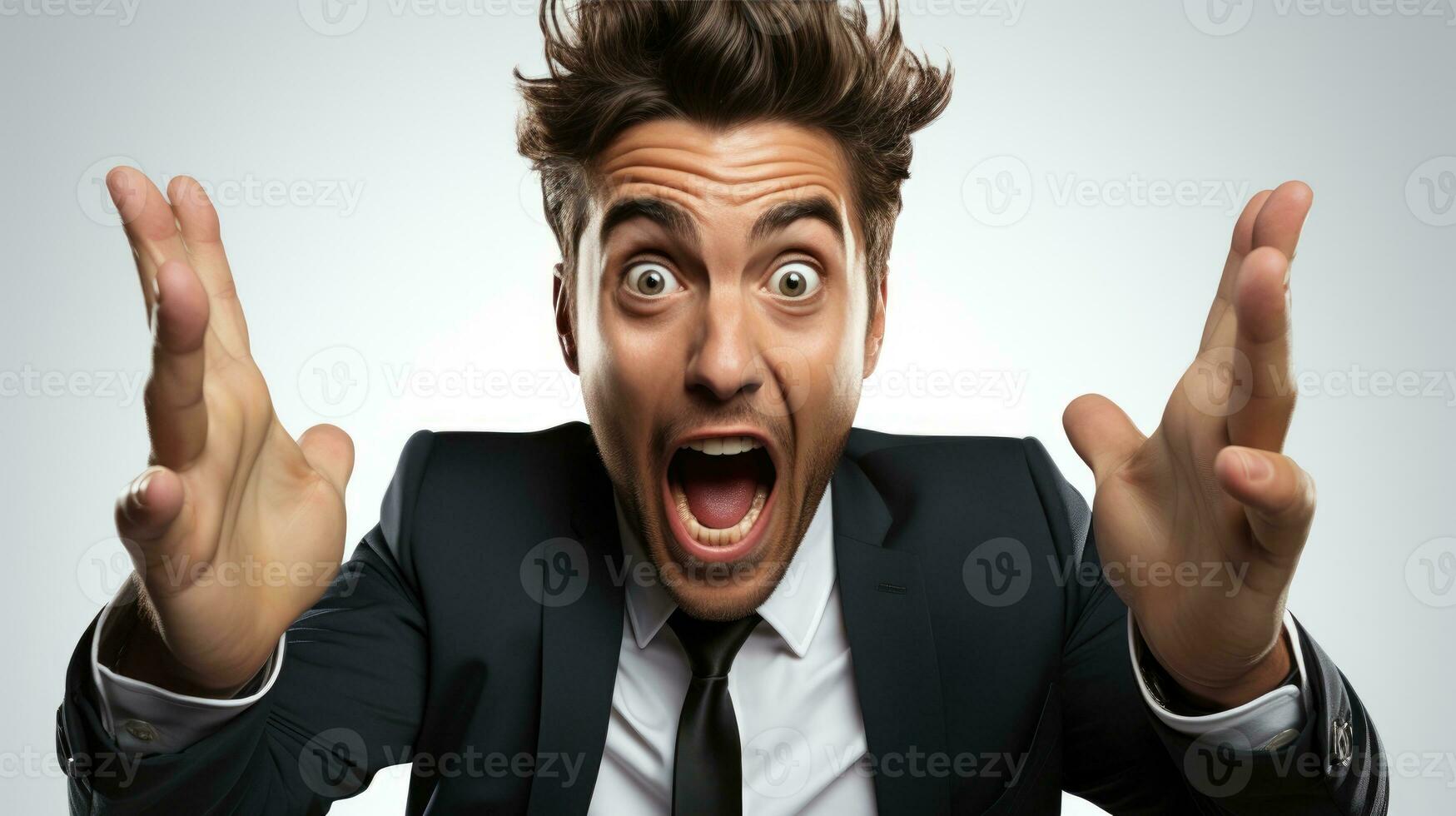 AI generated Exuberant businessman celebrating victory, with a wide-open mouth and clenched fists, conveying intense joy and success. photo