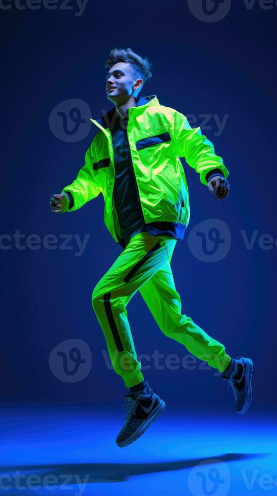 AI generated A young man wearing a neon jacket on a blue background, running pose, happy-looking smiling, whole body. photo