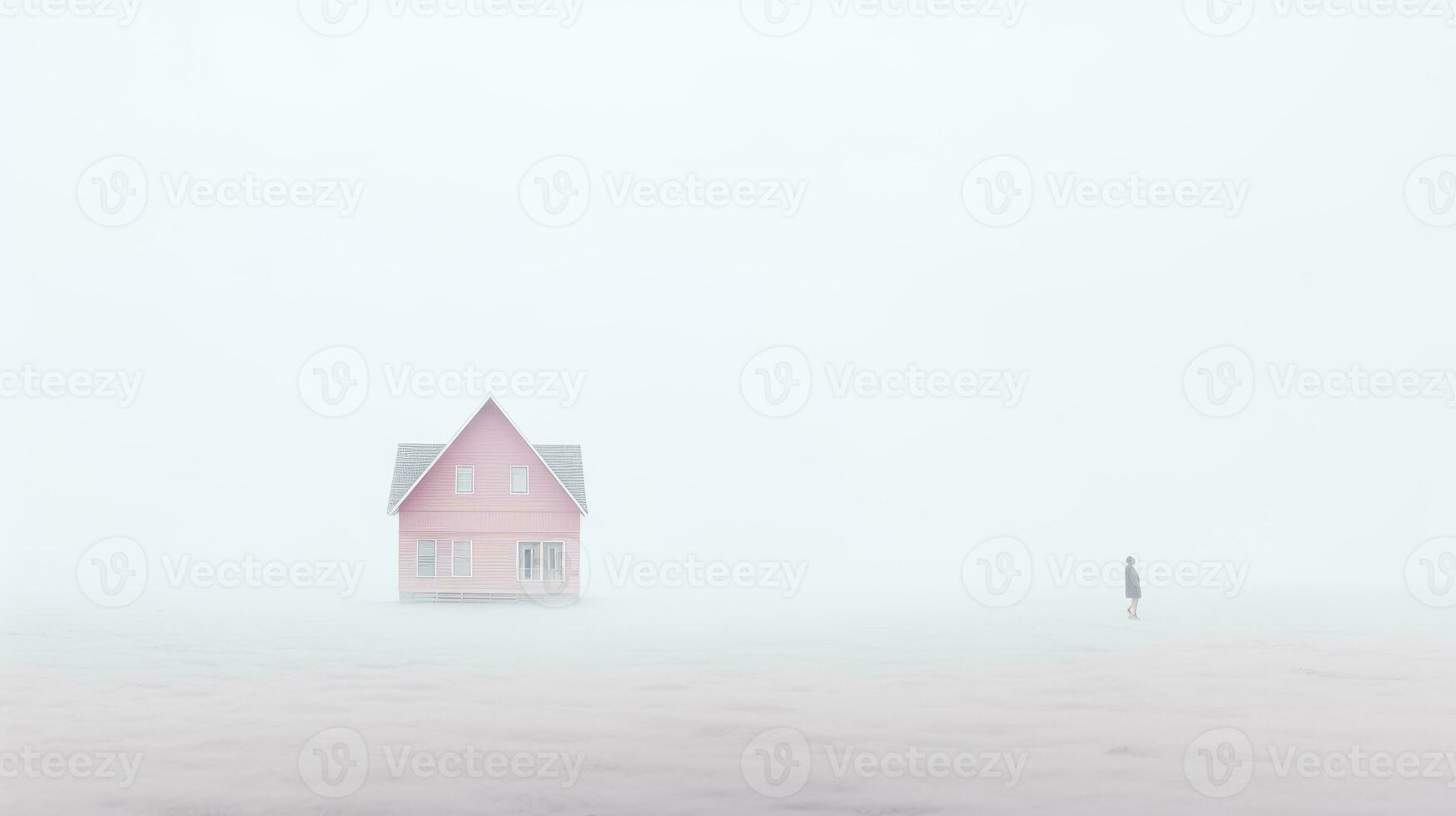 AI generated A solitary figure approaches a lone house enveloped in fog, evoking a sense of isolation and contemplation. photo
