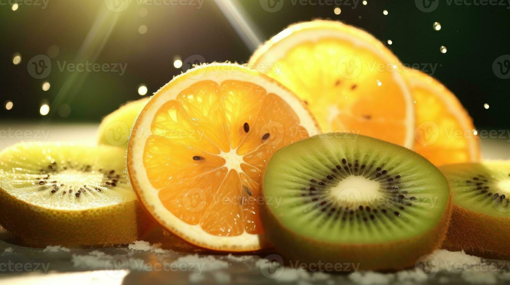 AI generated Citrus and kiwi slices glisten fresh, their juicy interiors sparkling against a dramatic, dark backdrop. photo