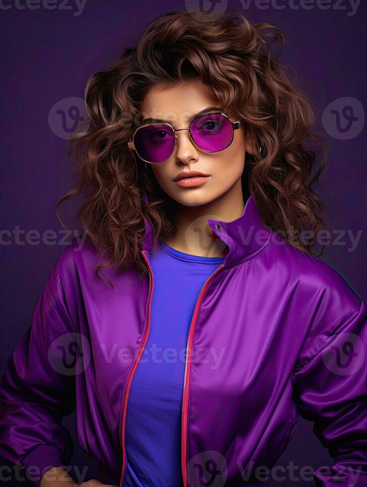 AI generated Style woman in glasses and an 80s neon color tracksuit with headphones on the violet wall. photo