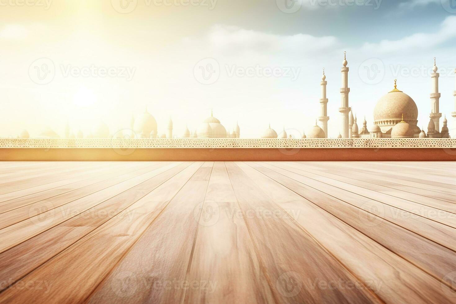 AI generated Empty beautiful wood table top counter and blur bokeh mosque in background photo