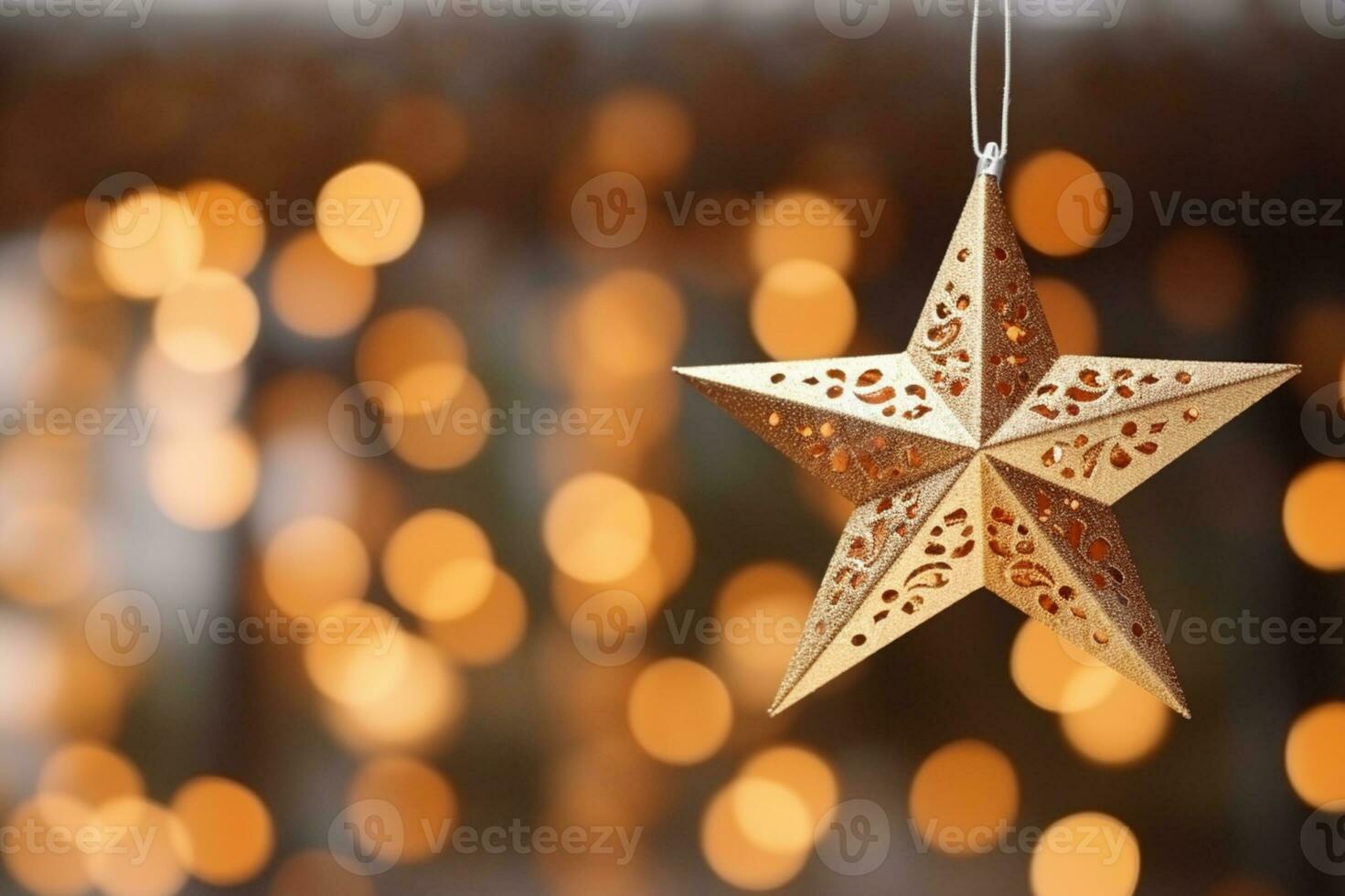 AI generated Selective focus shot of star ornament hanging on christmas tree photo