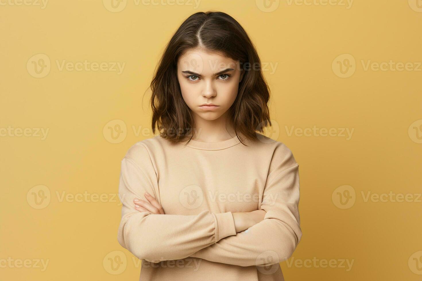 AI generated Portrait of beautiful angry girl on isolated background generative AI photo