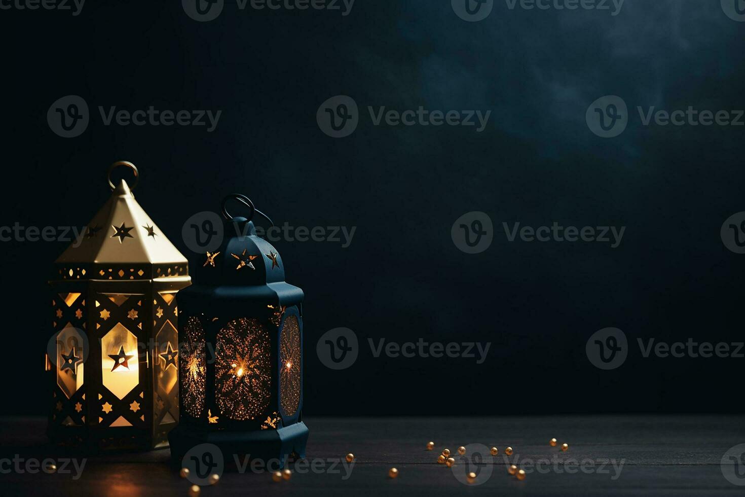 AI generated Ornamental Arabic lantern glowing on table for Muslim holy month Ramadan Kareem photo