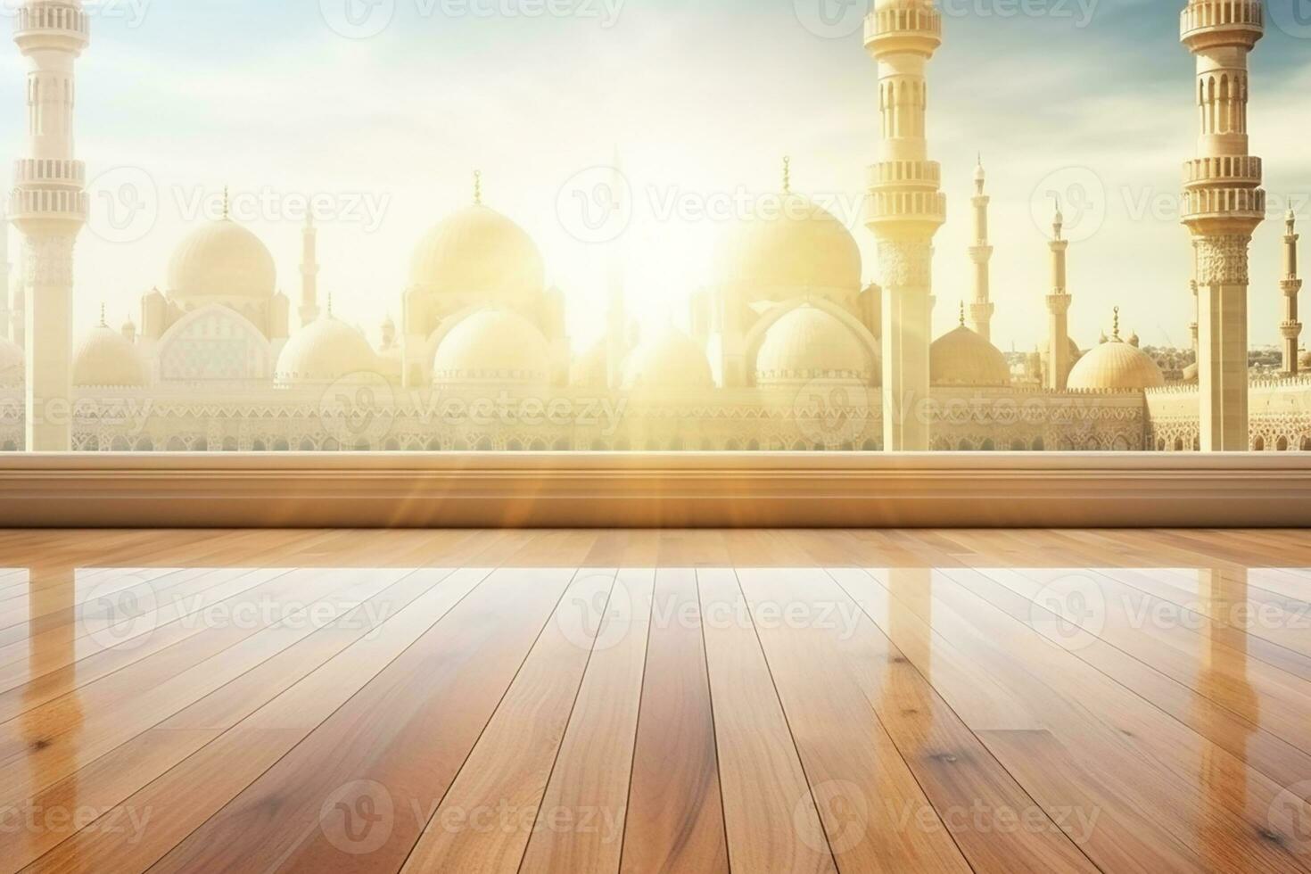 AI generated Empty beautiful wood table top counter and blur bokeh mosque in background photo