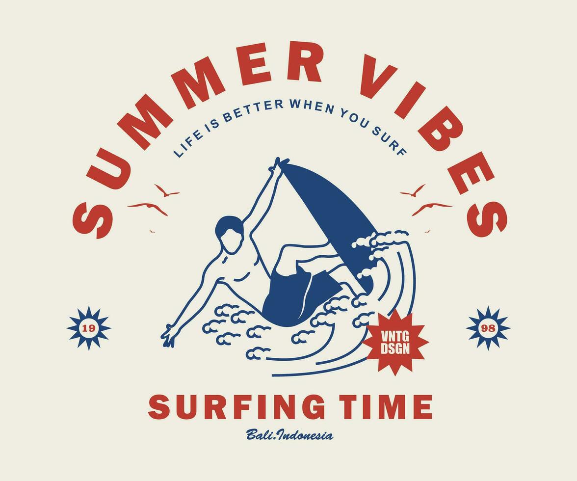 Vintage illustration of bali surfing, summer vibes vector t shirt design, vector graphic, typographic poster or tshirts street wear and Urban style