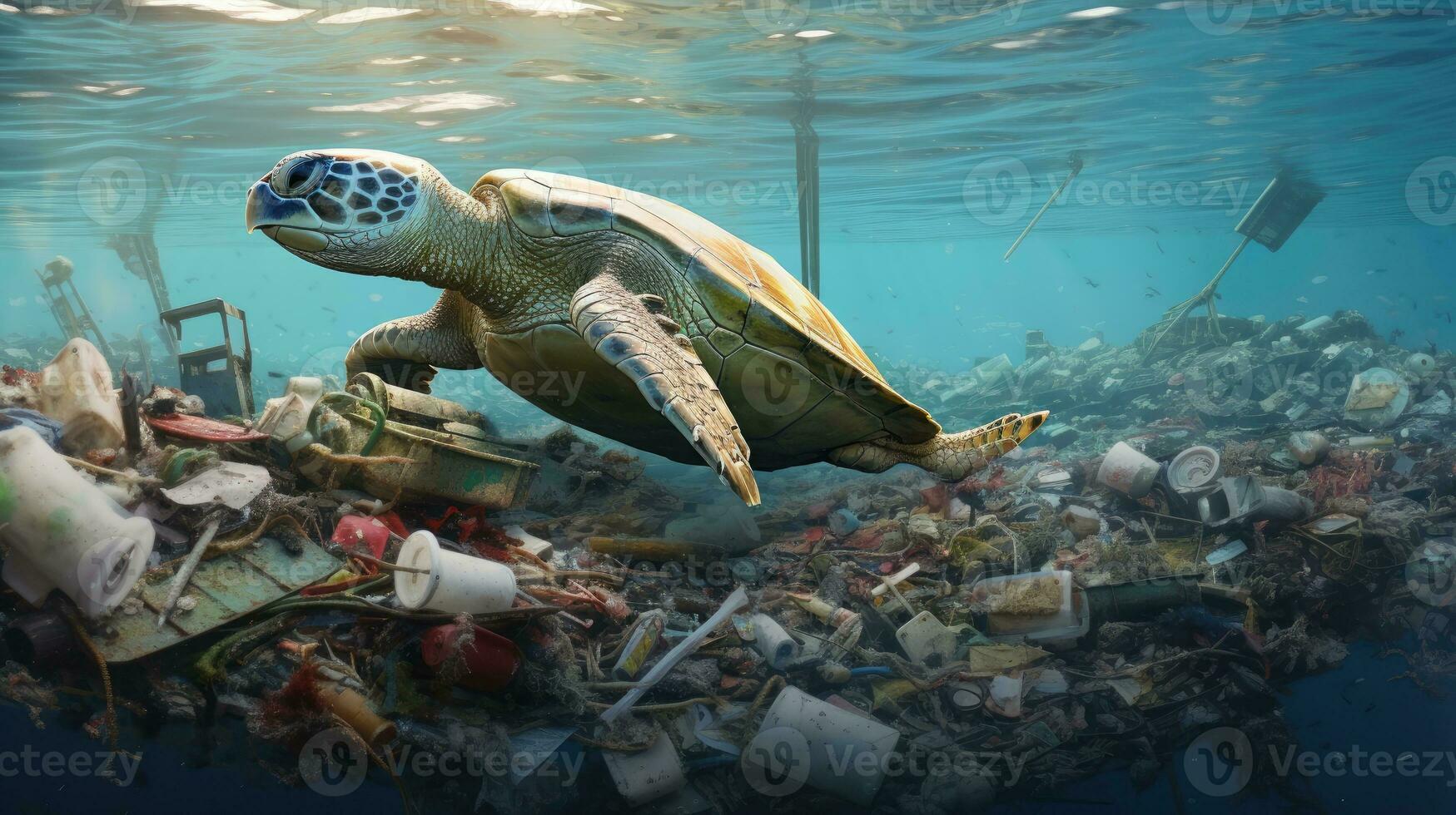 ai generado mar Tortuga deslizamiento terminado Oceano cama ensuciado con el plastico, un rígido recordatorio de marina la contaminación impacto en fauna silvestre. foto