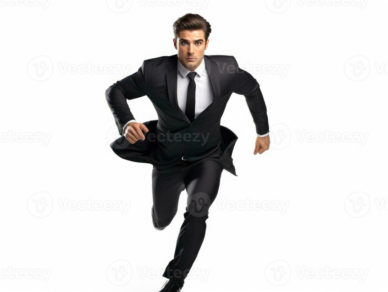 AI generated Dynamic businessman in a sharp black suit sprinting, an embodiment of urgency and corporate haste. photo