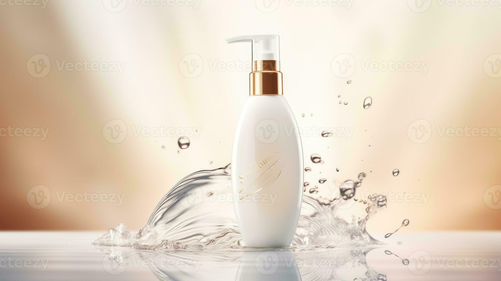 AI generated Elegantly designed dispenser bottle amidst splashing water, illustrating purity and skincare luxury. photo