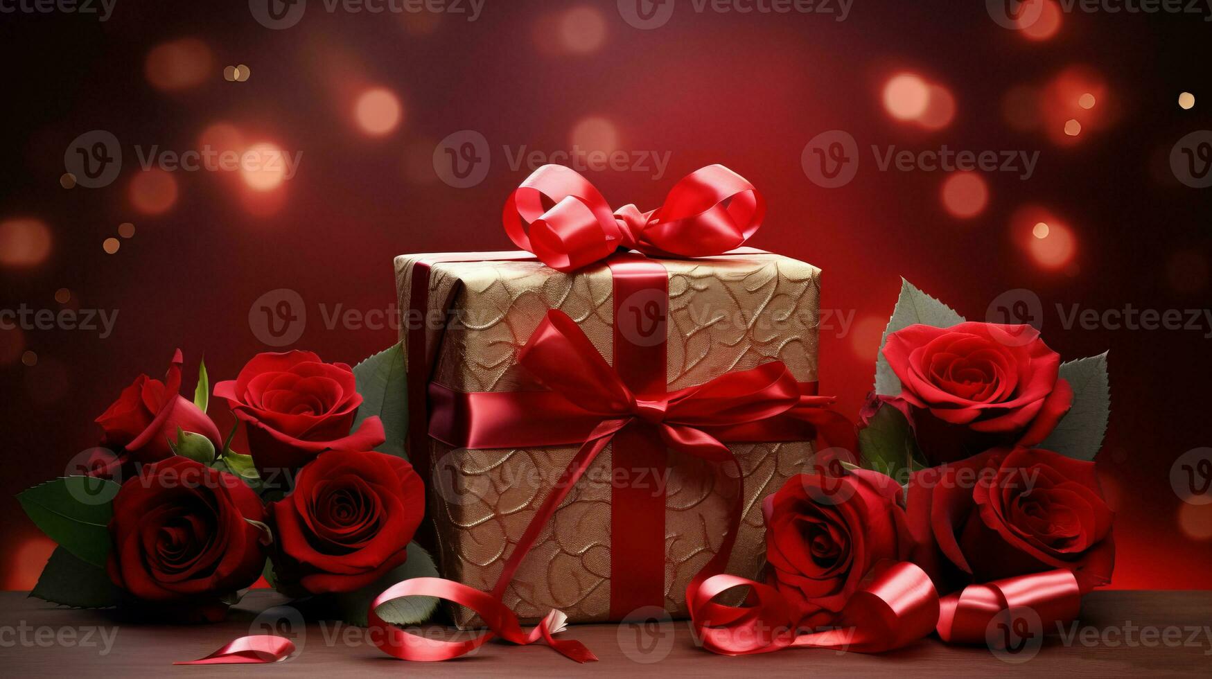 AI generated An opulent gift with a shimmering golden texture and bold red ribbon, accompanied by vibrant red roses, against a bokeh light background. photo