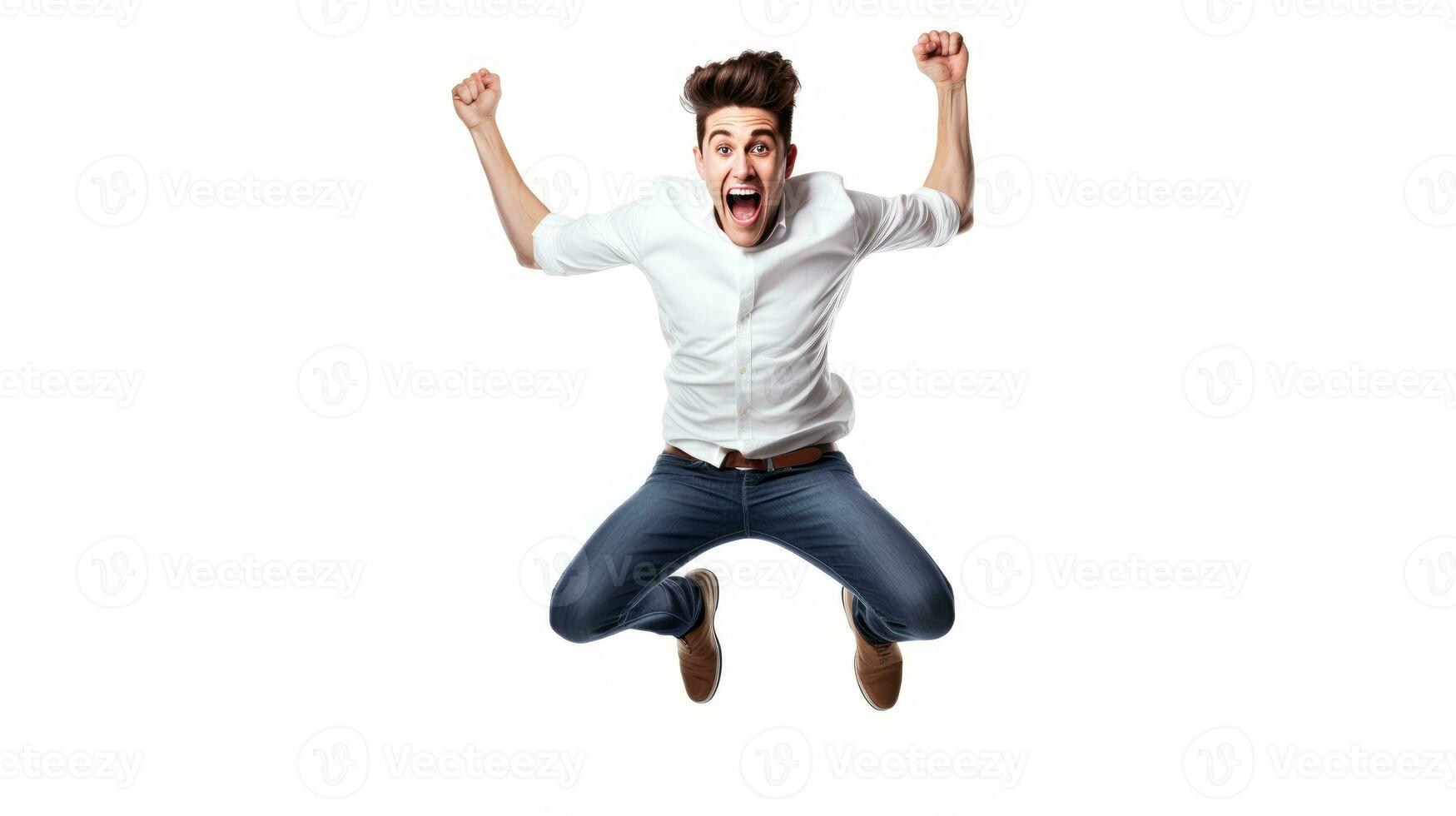 AI generated Euphoric man mid-jump with fists raised high, mouth open in a joyful shout, embodying pure excitement against a white background. photo