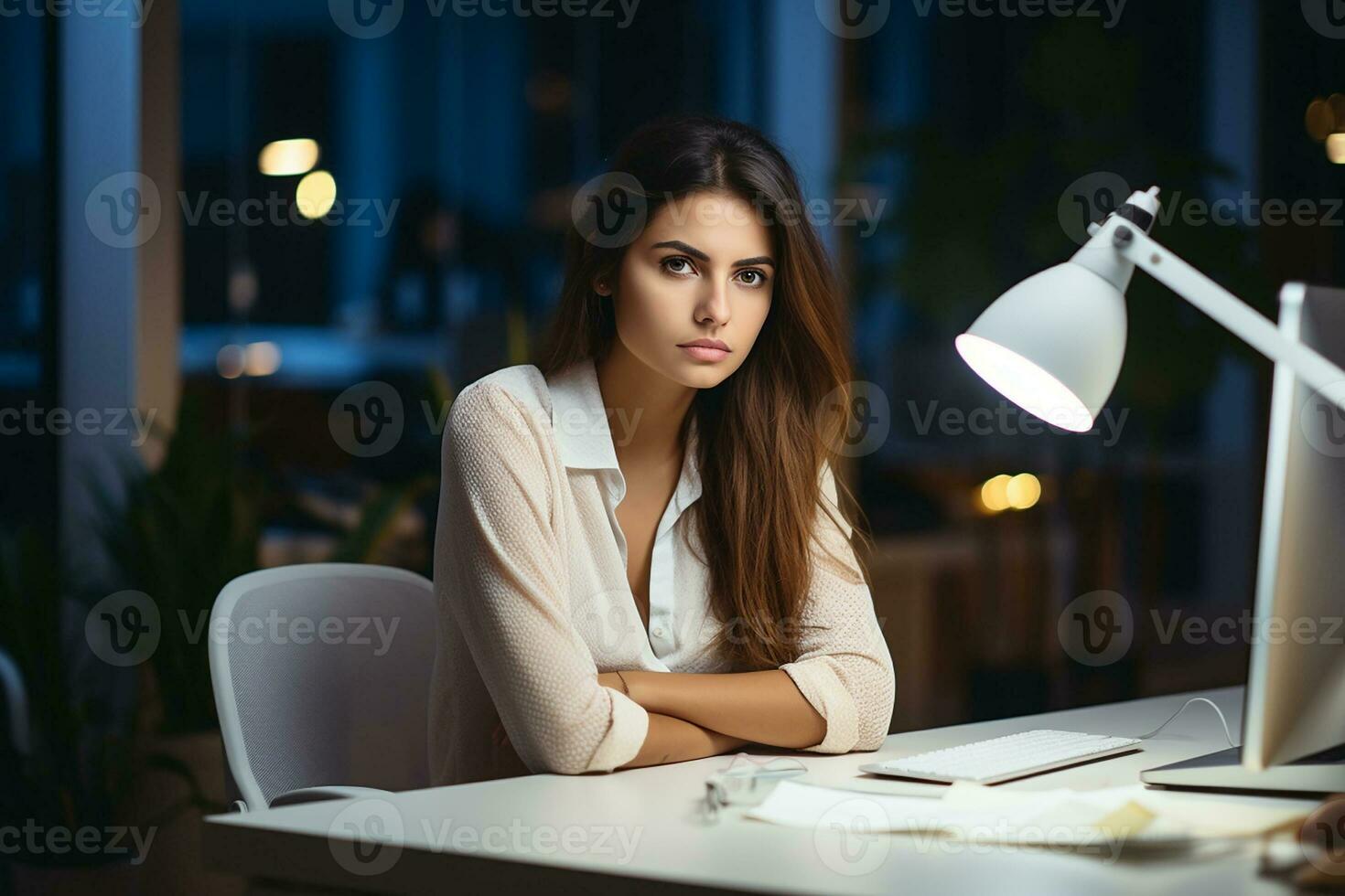 AI generated Portrait of successful and happy , office worker tired and looking at camera, working inside modern office. photo
