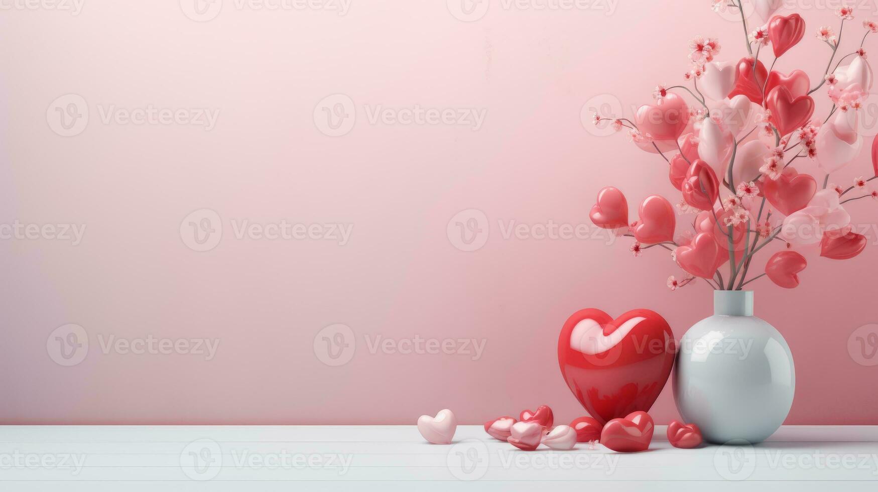 AI generated Delicate heart-shaped balloons and flowers emerge from a vase, on a soft pink backdrop, an ideal image for love-themed events and gentle expressions of affection. photo