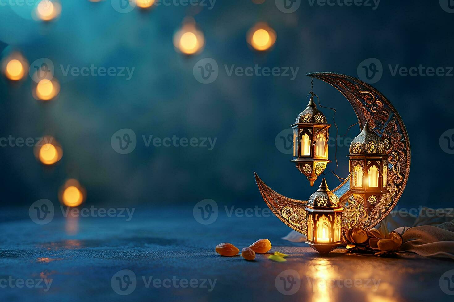 AI generated Ornamental Arabic lantern with burning candle glowing at night invitation for Muslim holy month Ramadan Kareem photo