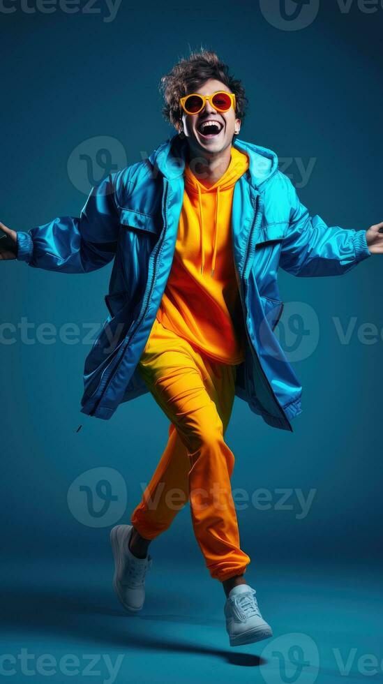 AI generated A young man wearing a neon jacket on a blue background, running pose, happy-looking smiling, whole body. photo
