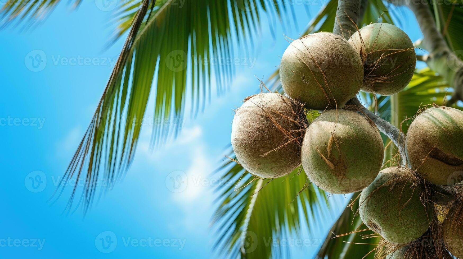 AI generated A split coconut with pure white meat inside, next to a whole coconut against a tropical backdrop with palm leaves and blue sky. photo