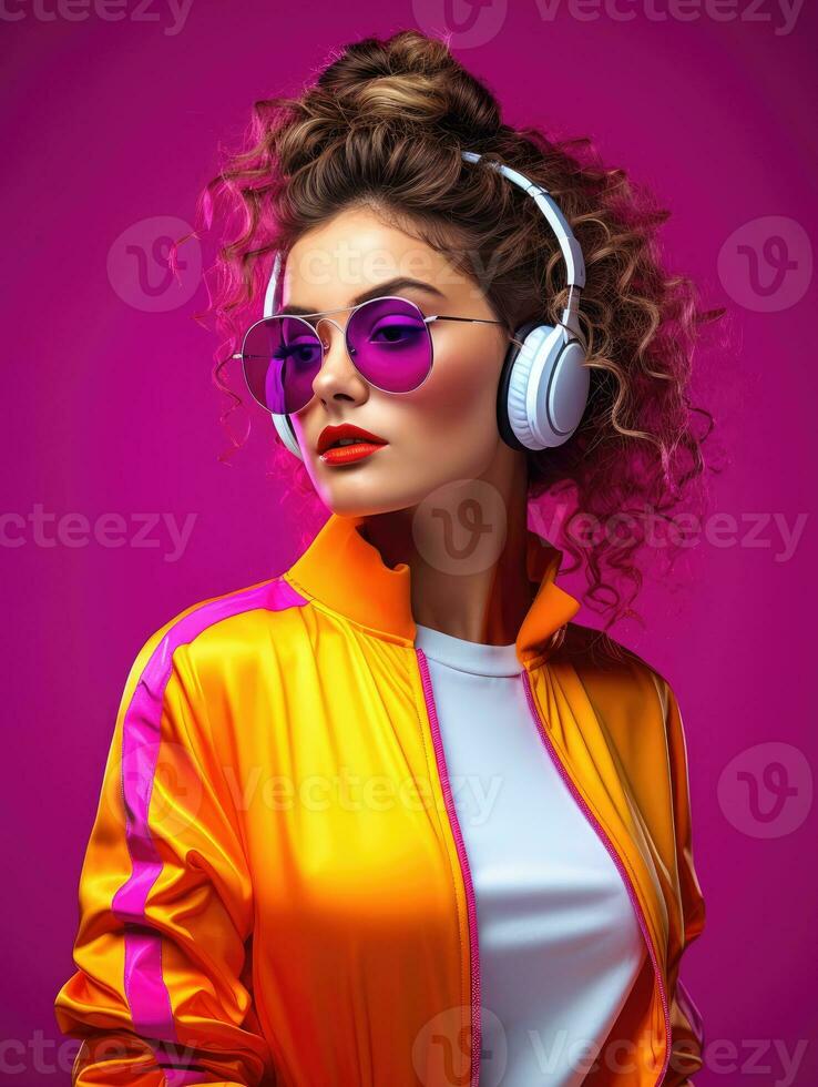AI generated Style woman in glasses and an 80s neon color tracksuit with headphones on the violet wall. photo