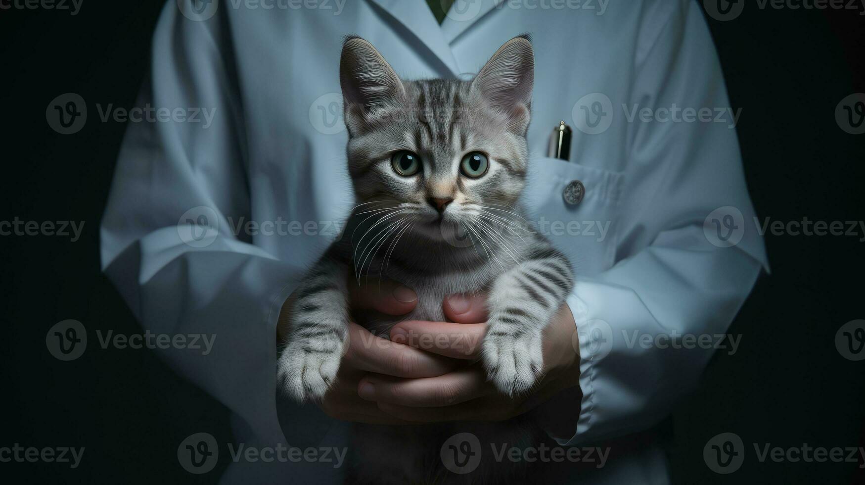 AI generated A serene British Shorthair cat, held by a veterinarian in a white coat, gazes calmly with striking amber eyes. photo