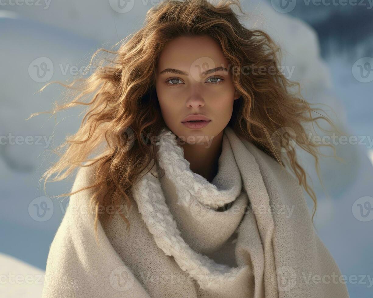 AI generated Ethereal beauty with flowing blonde hair wrapped in a cozy scarf against a snowy backdrop, embodying a winter's dream. photo