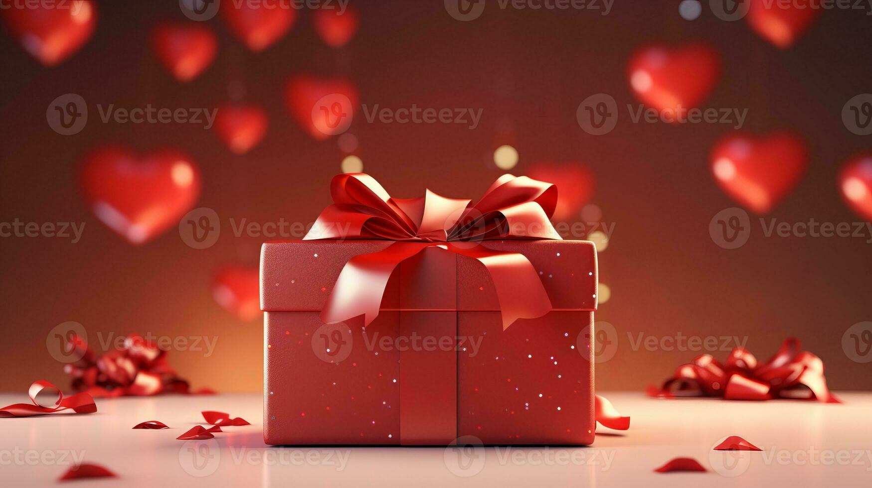 AI generated A whimsical gift box tied with a candy-striped ribbon on a pink background, with heart-shaped confetti, ideal for heartfelt celebrations. photo