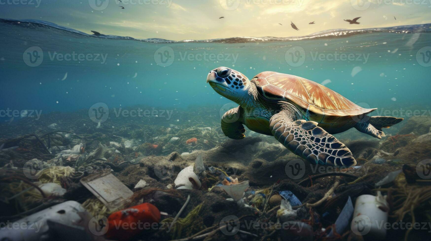 ai generado mar Tortuga deslizamiento terminado Oceano cama ensuciado con el plastico, un rígido recordatorio de marina la contaminación impacto en fauna silvestre. foto