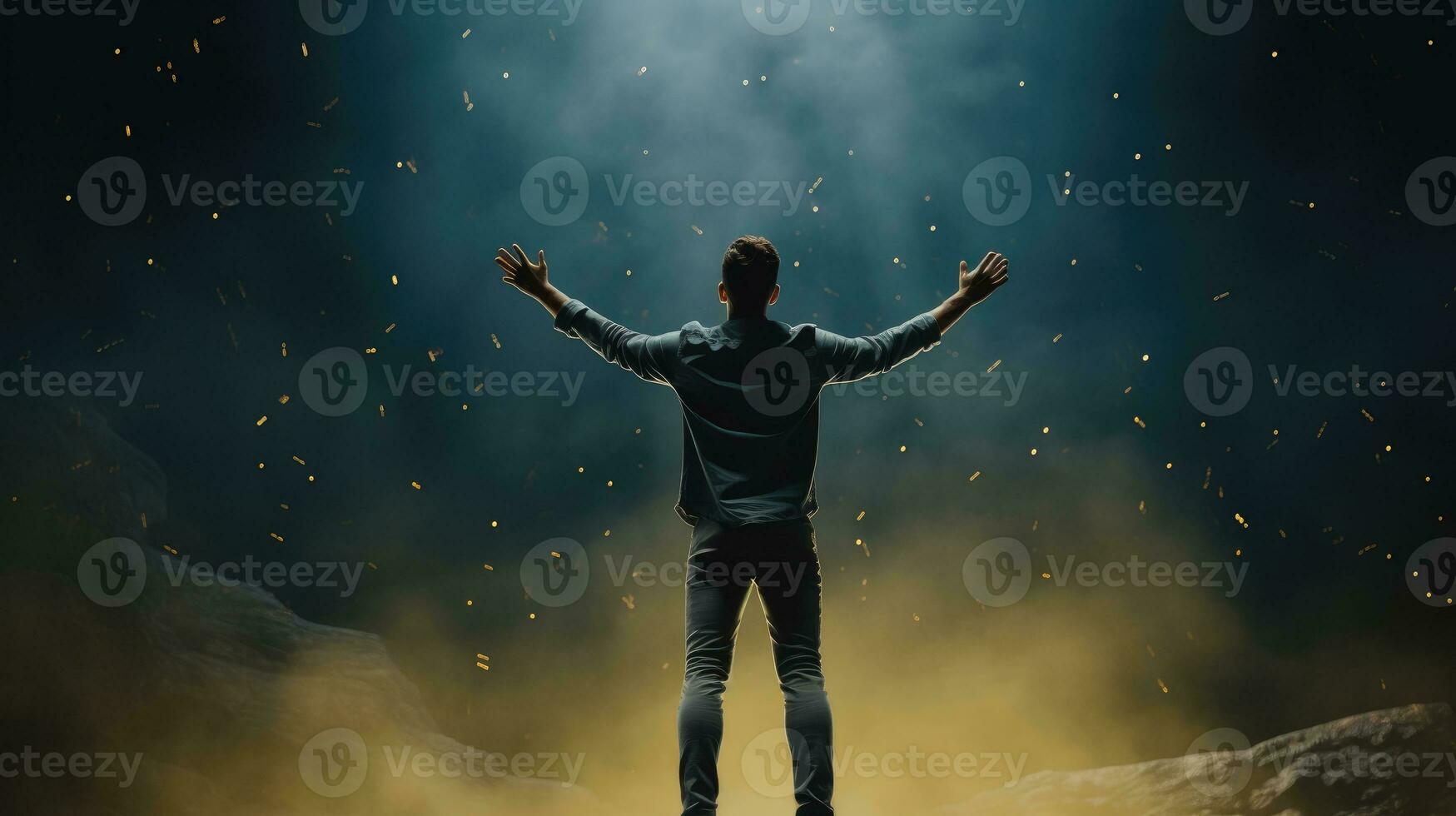 AI generated Man with arms spread wide, embracing the spotlight on stage, symbolizing victory, performance, or revelation. photo