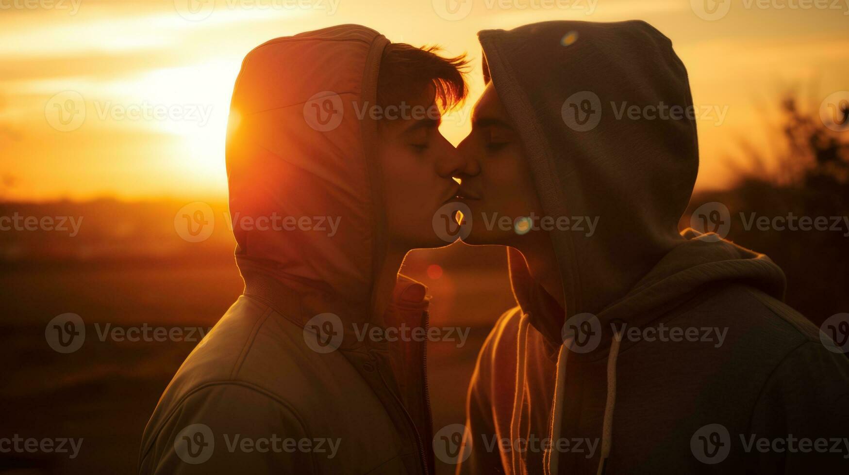 AI generated Two silhouetted figures share a tender kiss against the golden hues of a sunset, an evocative image for romantic storytelling or relationship themes. photo