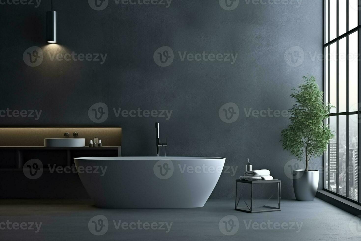 AI generated 3d rendered Minimal style black theme Modern bathroom interior design with bathtub photo