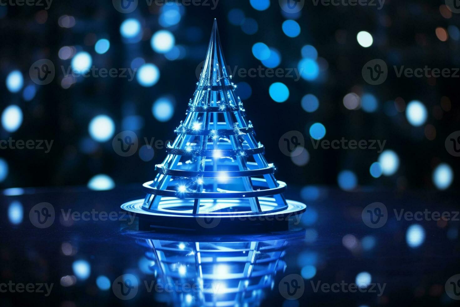 AI generated Abstract Blue shinny Christmas tree with bokeh background technology concept photo