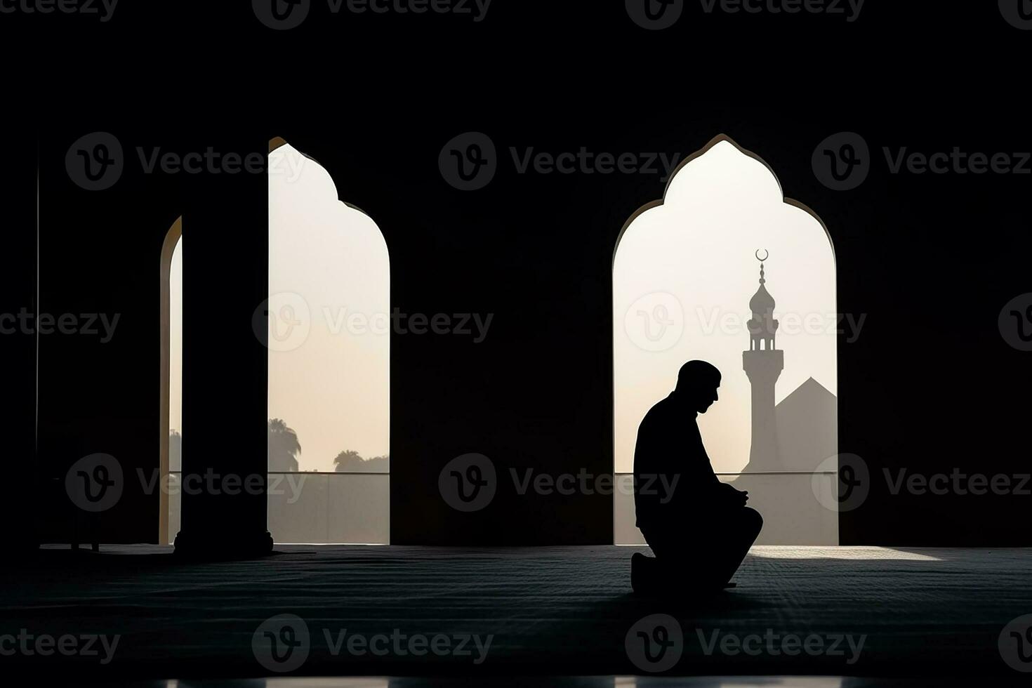 AI generated silhouette muslim man praying n the mosque photo